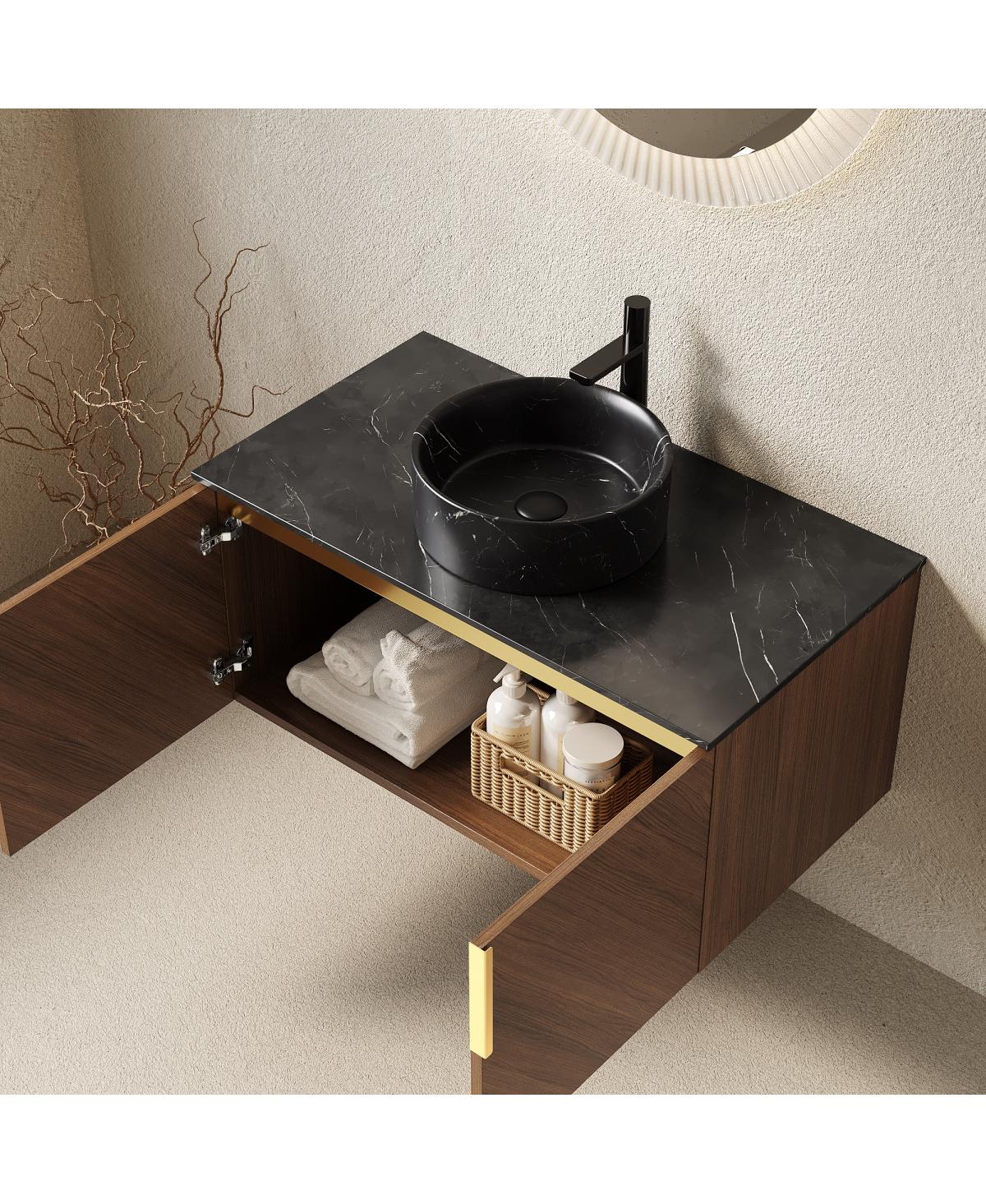 Sillysis Floating Bathroom Vanity Cabinet with Ceramic Vessel Sink, Sintered Stone Countertop, Large Storage