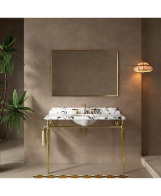 48 Inch Bathroom Console Sink with Engineered Marble Top, Ceramic Basin, Stainless Steel Frame, Retro Style, Towel Bar