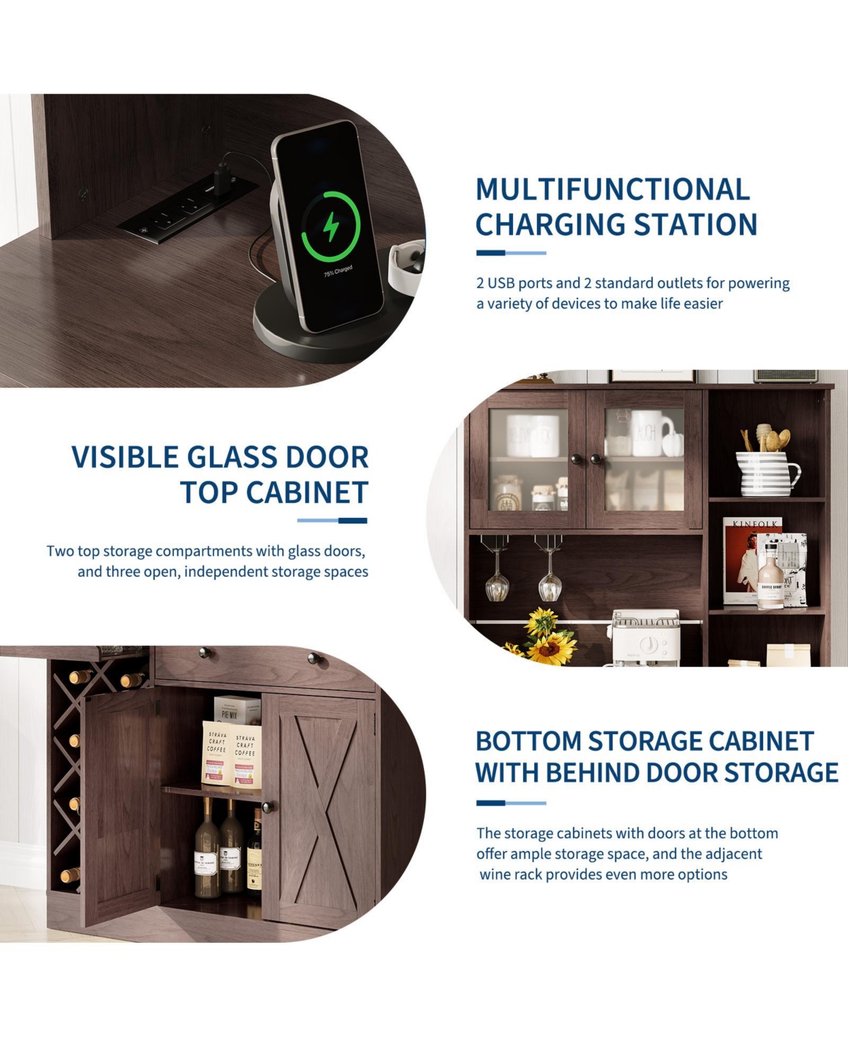 homfan Coffee Bar Cabinet with Power Outlet and Barn Doors, Sideboard Buffet Wine Rack, Storage for Kitchen, Dining Room