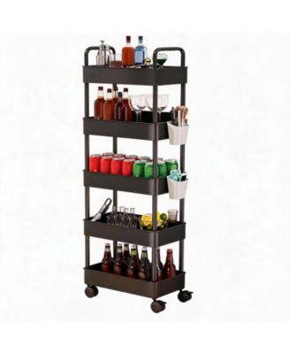 5 Tier Bar Cart, 16 Inch Slim Rolling Utility Shelf Cart with Side Baskets and Locking Wheels for Kitchen or Pantry