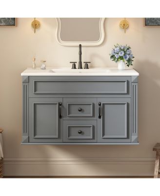 36 Inch Floating Bathroom Vanity with Ceramic Sink, Wall Mounted Modern Cabinet, Soft Close Drawers, French Vintage Style