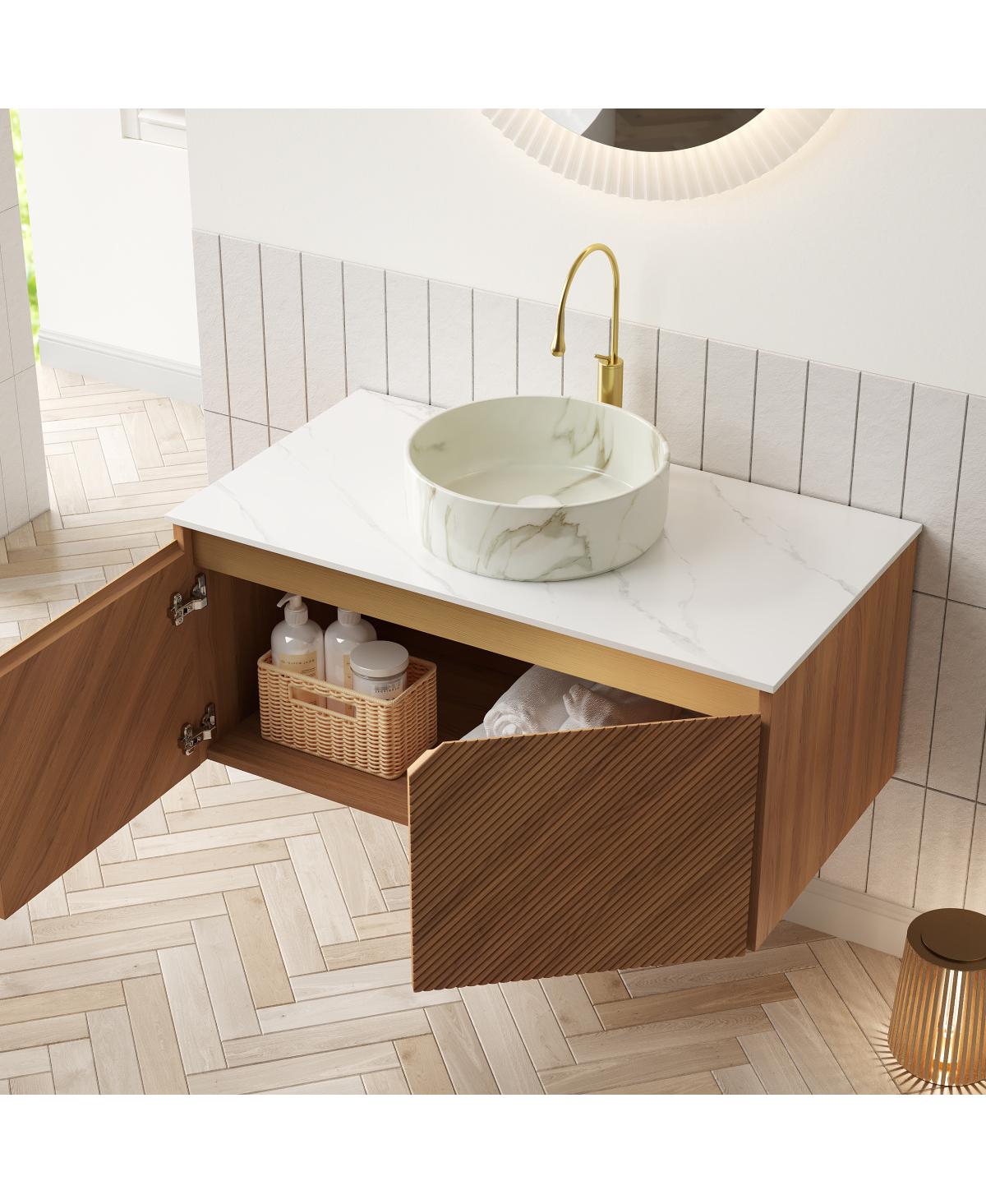 Sillysis Floating Bathroom Vanity with Ceramic Vessel Sink, Carrara Sintered Stone Top, Solid Wood Door