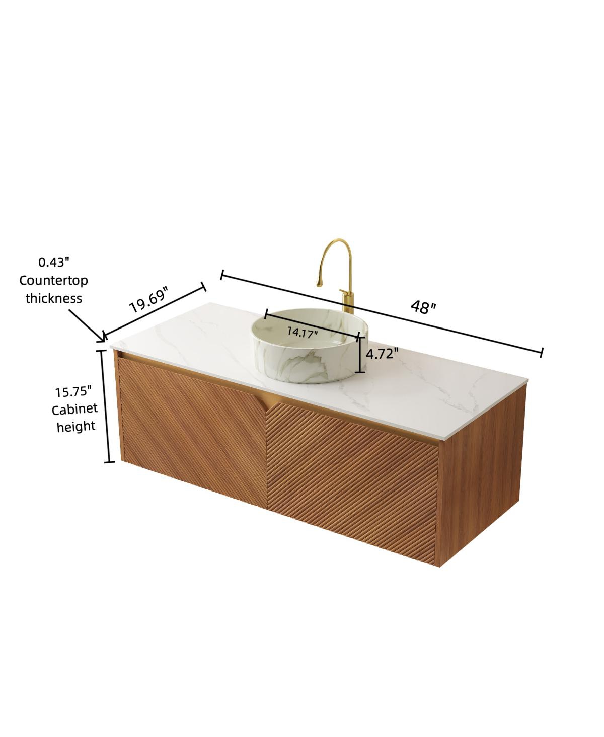 Sillysis Floating Bathroom Vanity with Ceramic Vessel Sink, Carrara Sintered Stone Top, Solid Wood Door