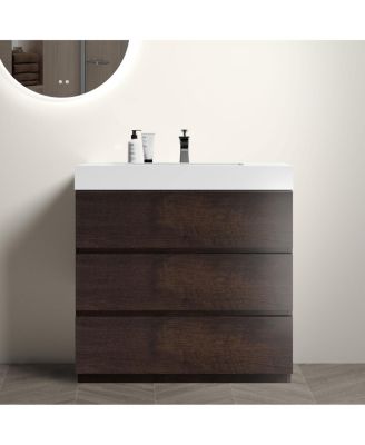 Modern Bathroom Vanity with Stone Sink, Pre-assembled Soft Close 3 Drawers, Handle-Free Freestanding Storage Cabinet