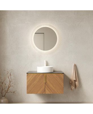 Floating Bathroom Vanity Cabinet with Ceramic Vessel Sink, Sintered Stone Countertop, Large Storage, Soft Close Doors