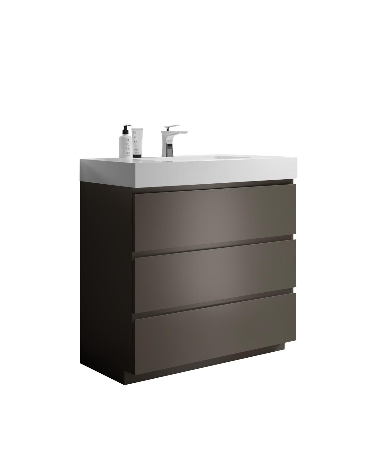 Sillysis Modern Freestanding Bathroom Vanity with Stone Sink, Soft Close Drawers, Handle-Free Storage Cabinet