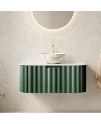 Wall-Mounted Bathroom Vanity with Ceramic Sink, Sintered Stone Top, Soft Close Drawer, Pre-Assembled Stripe Cabinet