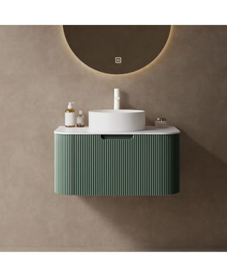 Wall-Mounted Bathroom Vanity with Ceramic Sink, Sintered Stone Top, Soft Close Drawer, Pre-Assembled Stripe Cabinet