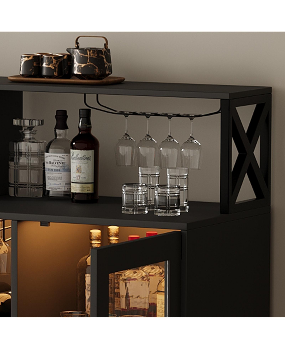 homfan Led Wine Cabinet with Glass Display, Freestanding Bar Cabinet with Storage Shelves for Dining Room Living Room Kitchen