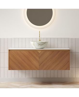 Floating Bathroom Vanity with Ceramic Vessel Sink, Carrara Sintered Stone Top, Solid Wood Door, Twill Metal Trim