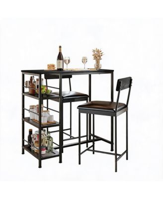 3-Piece Industrial Style Counter Height Dining Set for 2, Narrow Kitchen Table with 2 Upholstered Stools and 3-Tier Storage