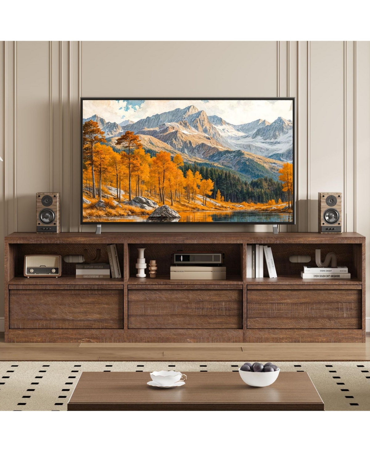 homfan 70in Tv Stand for TVs up to 85", Mid Century Modern Media Console with Storage Drawer and Open Shelves for Living Room - Brown
