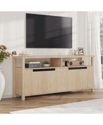 Rustic Boho TV Stand for TVs up to 70 Inches, 63" Entertainment Center with 4 Doors and Open Shelf, Large Wood Console Table for Living Room