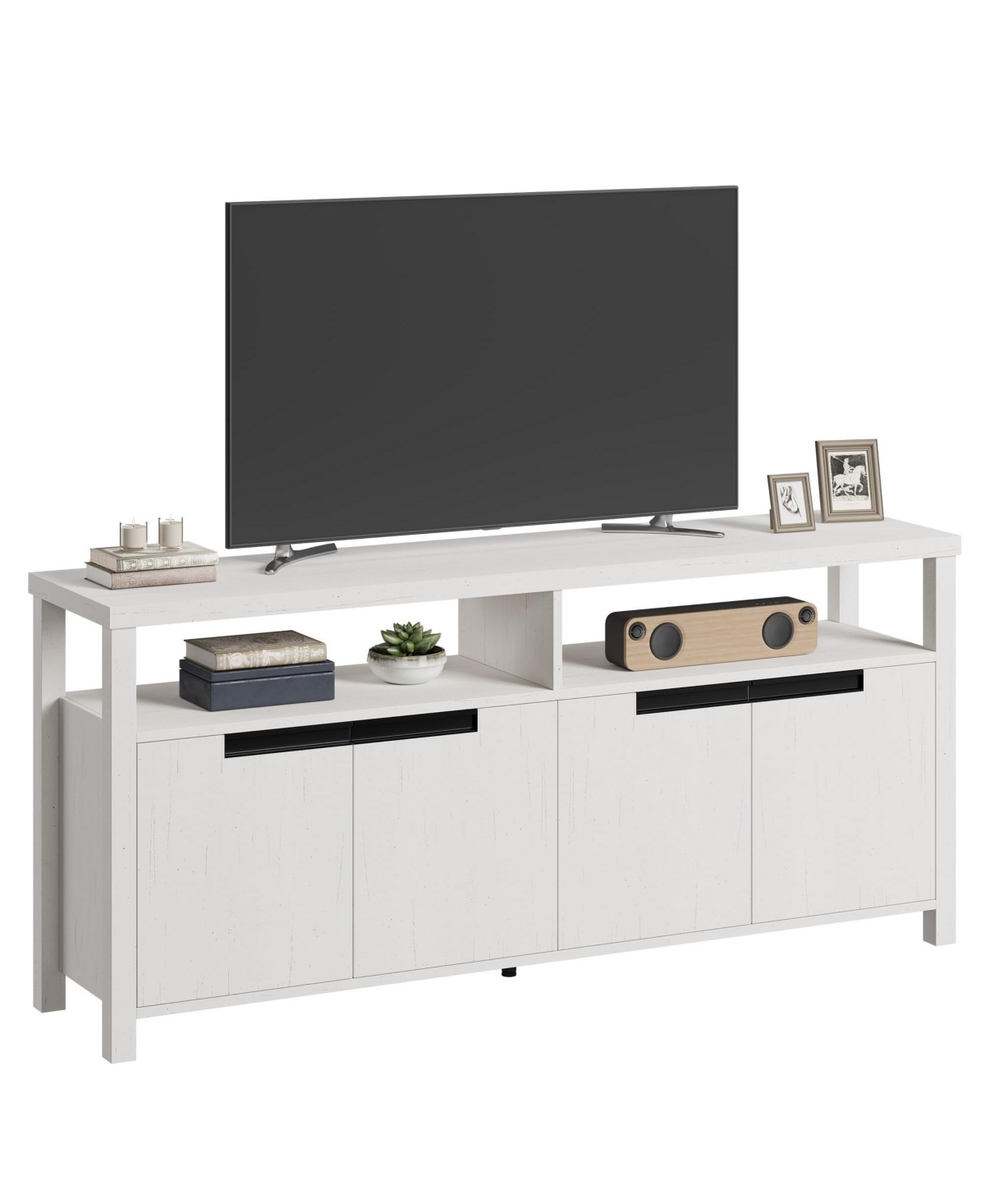 homfan Rustic Boho Tv Stand for TVs up to 70 Inches, 63" Entertainment Center with 4 Doors and Open Shelf, Large Wood Console Table for Living Room -