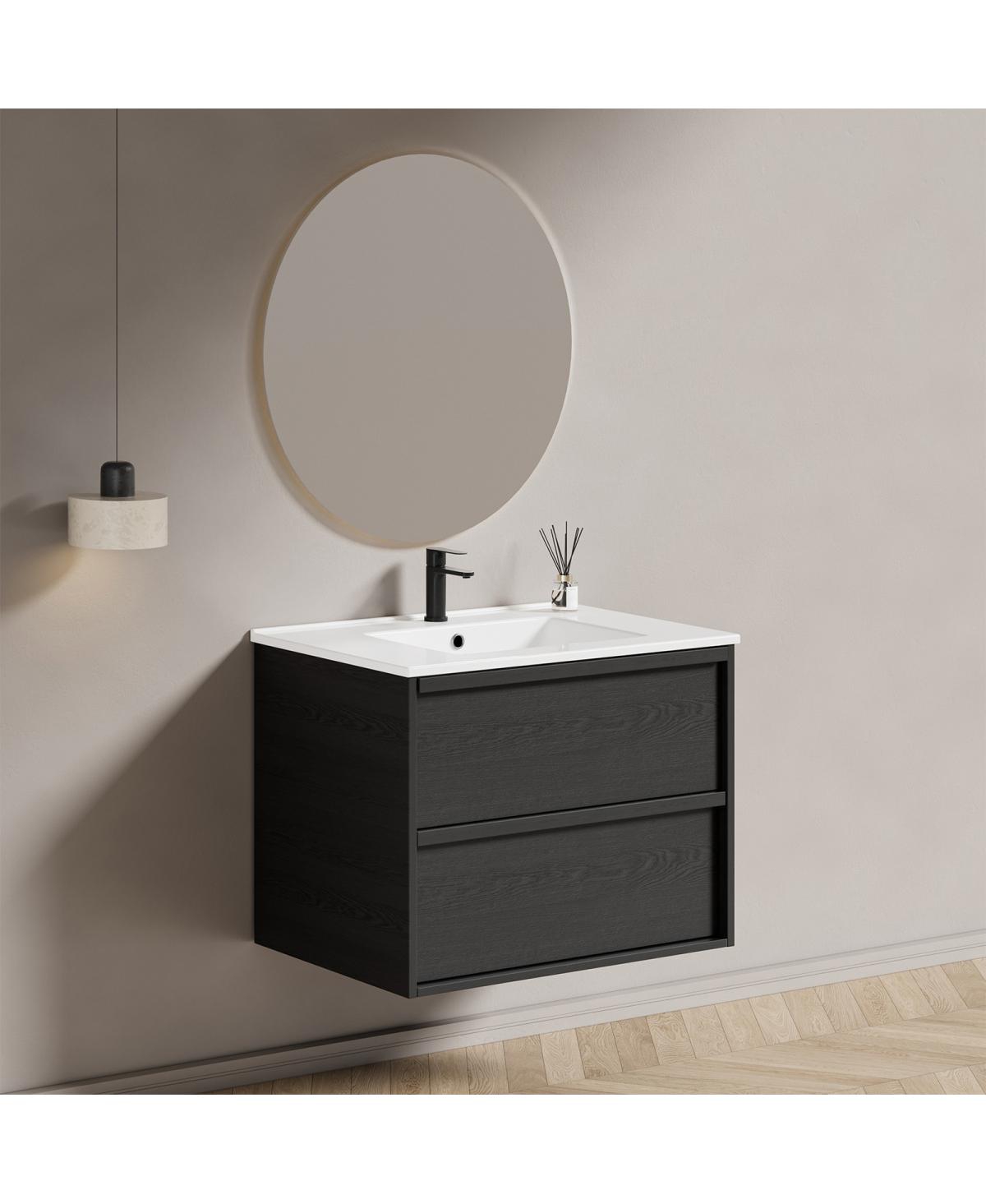 Sillysis Wall Mounted Bathroom Vanity with Ceramic Sink, Soft Close Drawers, Floating Black Cabinet