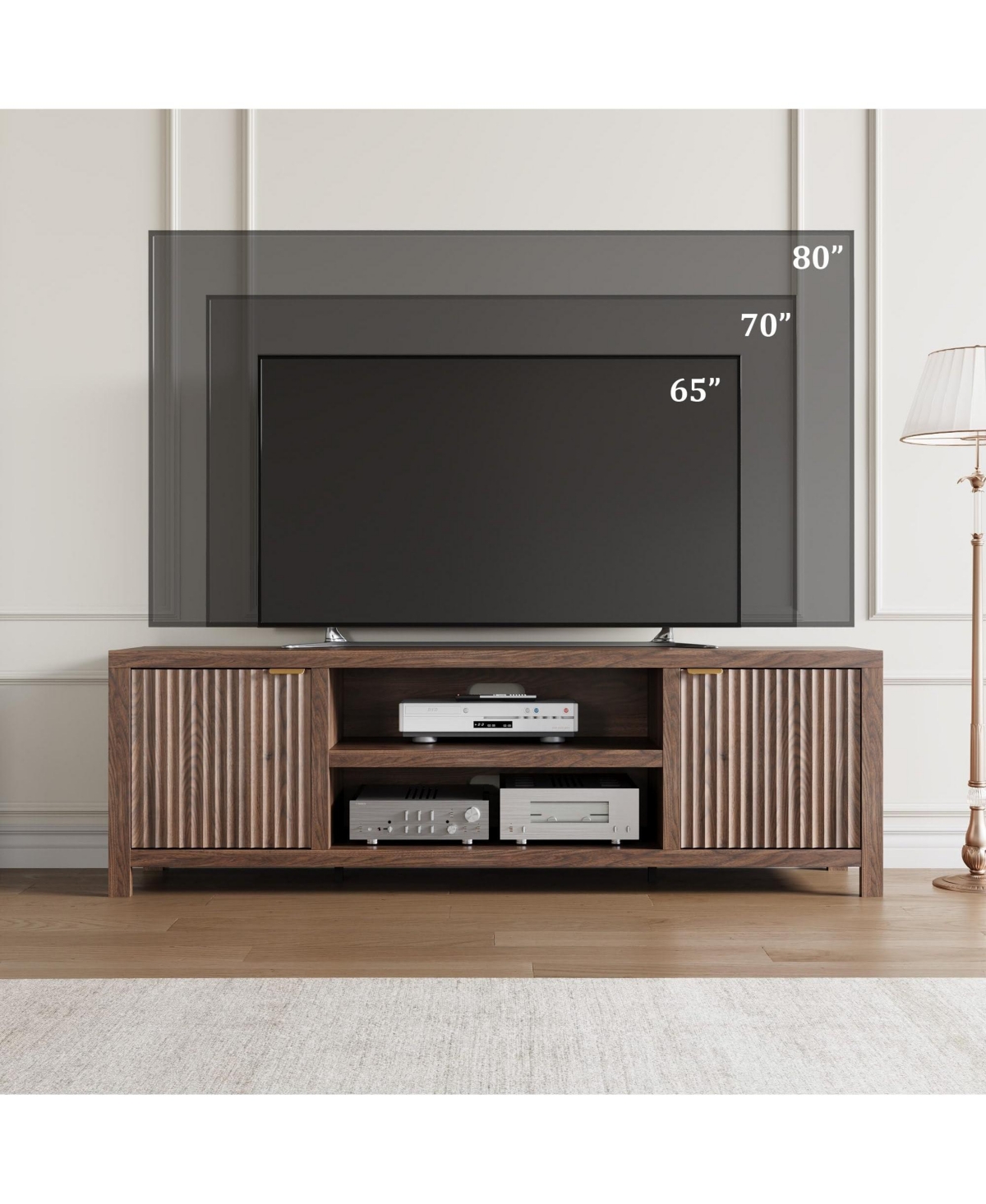 homfan Fluted Tv Stand for 75 inch, 70" Wide Entertainment Center with Adjustable Shelves, Modern and Media Cabinet 2-Tier Storage