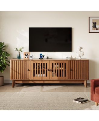 63" TV Stand with Power Outlet, 4-Door Grille Media Console with Adjustable Shelf, Entertainment Center with Round Handles