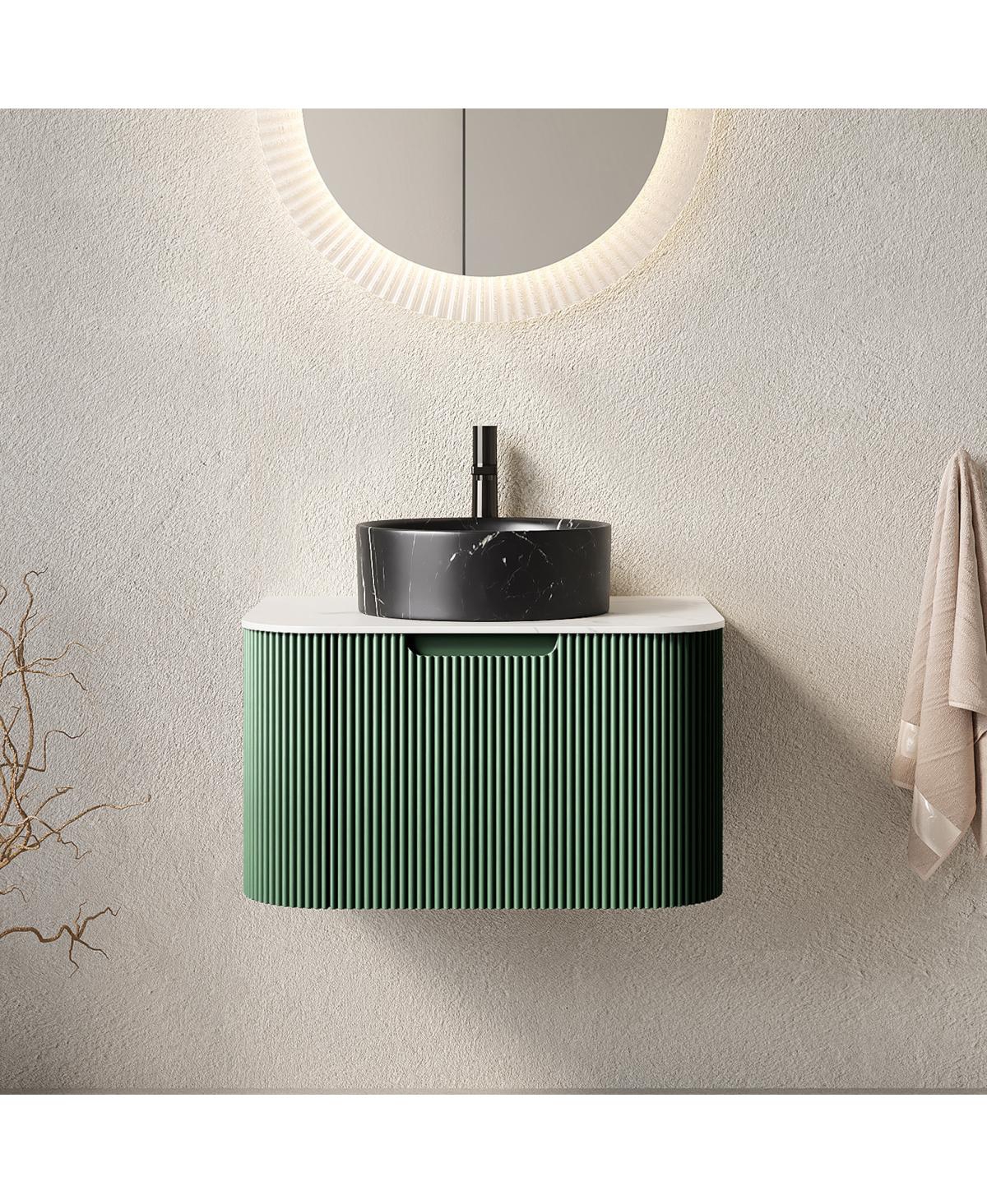 Sillysis Wall-Mounted Bathroom Vanity with Ceramic Sink, Sintered Stone Top, Soft Close Drawer, Pre-Assembled Stripe Cabinet - Green