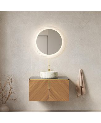 Floating Bathroom Vanity Cabinet with Ceramic Vessel Sink, Sintered Stone Countertop, Large Storage, Soft Close Doors
