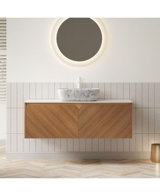 Floating Bathroom Vanity with Ceramic Vessel Sink, Carrara Sintered Stone Top, Solid Wood Door, Twill Metal Trim