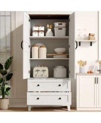 Tall Storage cabinet with 2 Drawers, Farmhouse Wooden Freestanding Floor Storage Cabinet with 2 Doors and DIY Adjustable Shelf