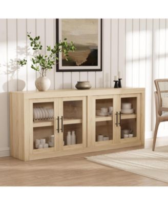 Modern Sideboard Buffet Cabinet, 71 Inch Large Credenza with 4 Glass Doors, Multi-Purpose Storage