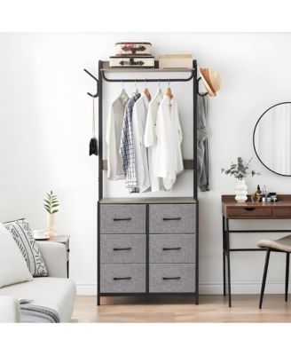 Clothes Rack, 6 Drawer Garment Rack with Hanging Rods and 4 Side Hooks, Metal Closet with Wooden Top, Freestanding Tall Rack