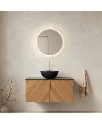 Floating Bathroom Vanity Cabinet with Ceramic Vessel Sink, Sintered Stone Countertop, Large Storage, Soft Close Doors