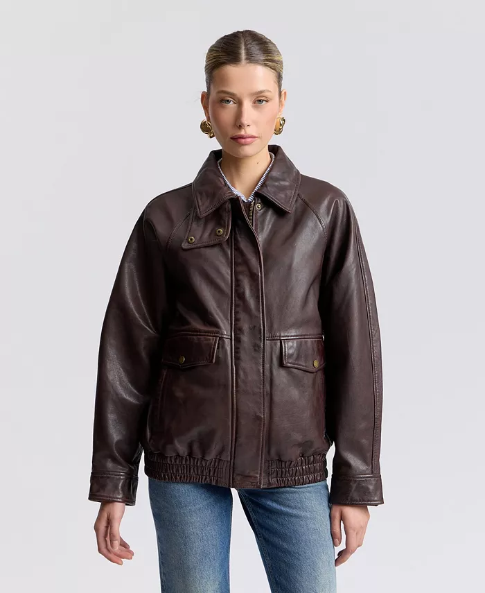 Women's Leather Bomber Coat - thumbnail 6