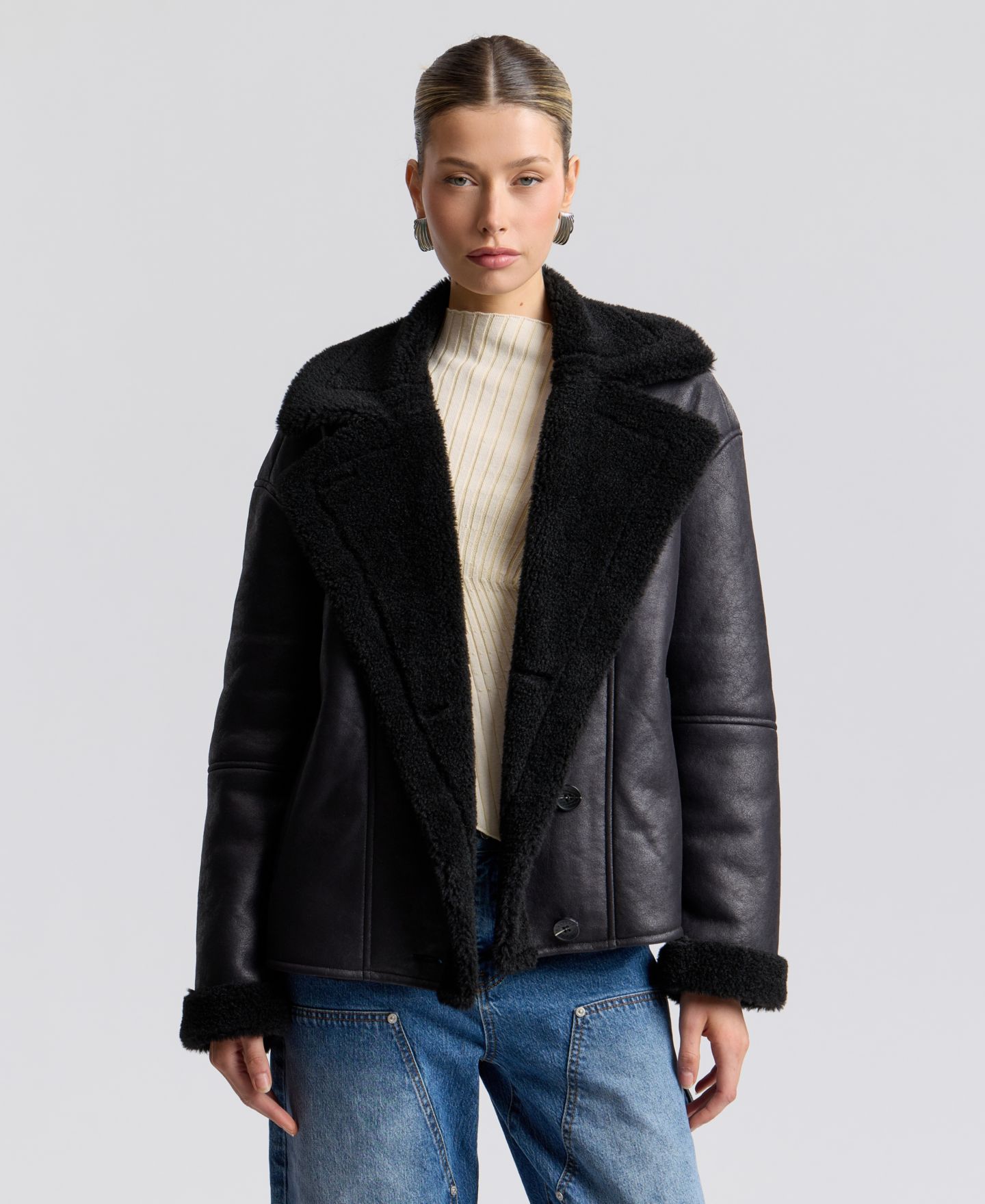 Женское пальто Avec Les Filles Collared Faux Shearling, цвет: Чёрный — фото 3