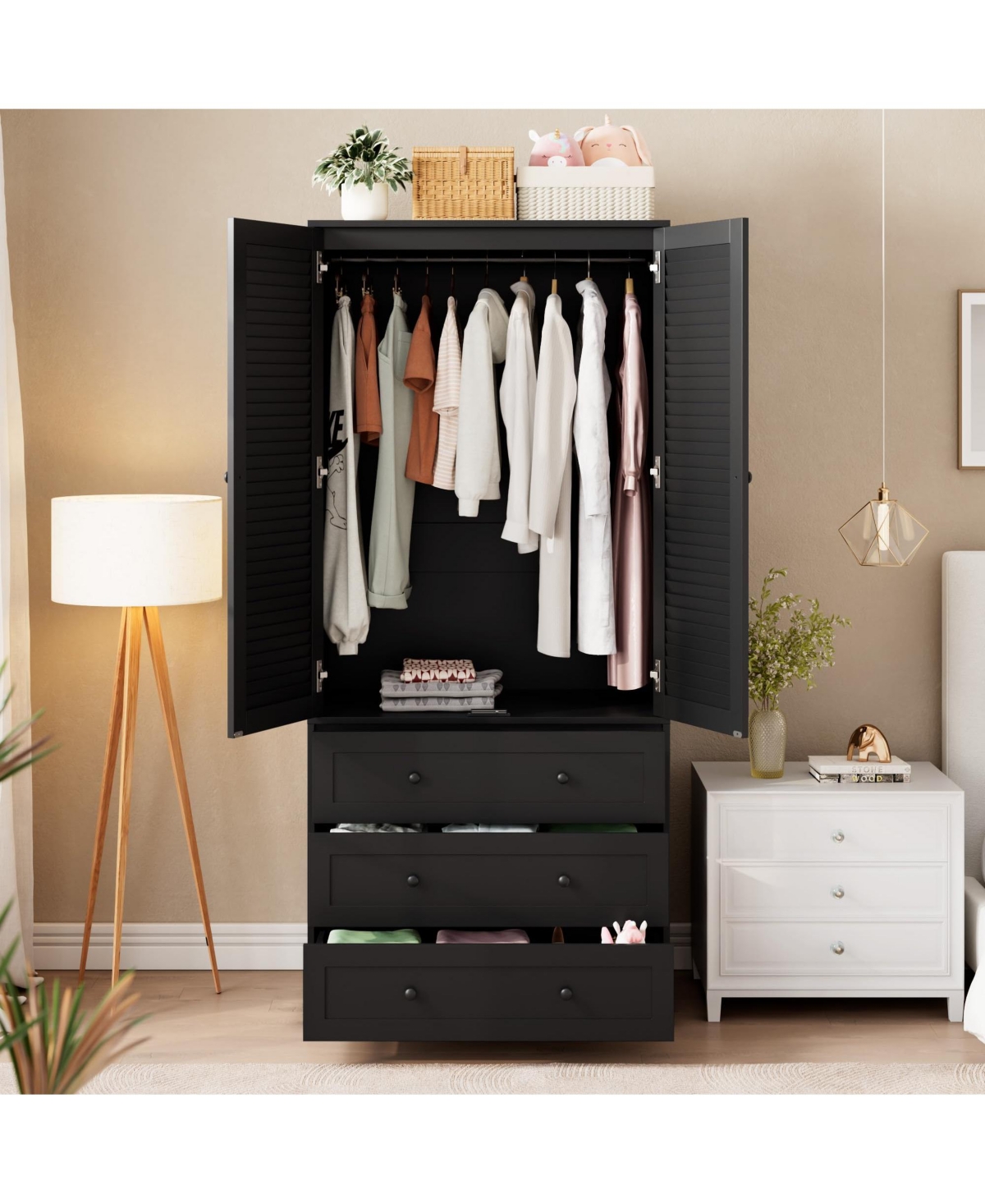 homfan Wooden Wardrobe Armoire with Drawers, 69 Inch Wood Closet with 2 Doors and Hanging Rod for Bedroom