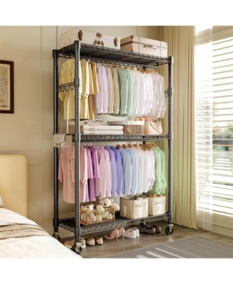 Heavy Duty Armorie, 75 Inch Metal Storage Wardrobe with Double Hanging Rods, Adjustable Shelves and Wheels for Bedroom or Closet