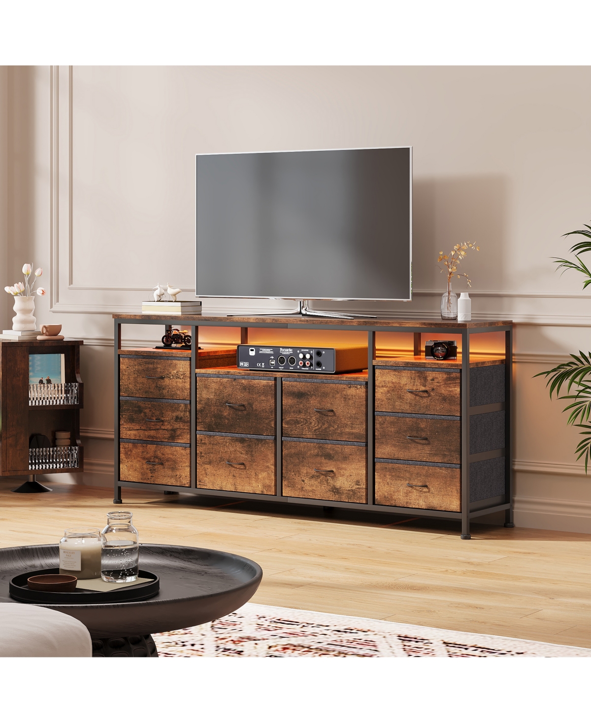 homfan 10-Drawer Dresser Tv Stand with Led Lights and Power Outlets, Long Storage Cabinet for 65-75 Inch TVs, Modern Chest for Bedroom - brown
