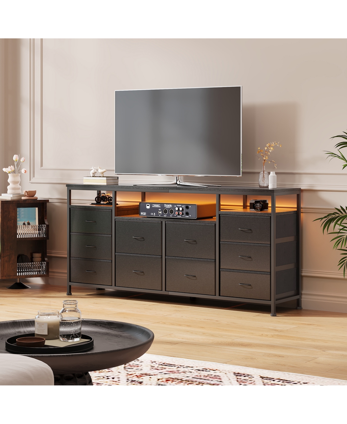 homfan 10-Drawer Dresser Tv Stand with Led Lights and Power Outlets, Long Storage Cabinet for 65-75 Inch TVs, Modern Chest for Bedroom - black