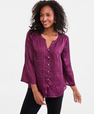 Women's Bell-Sleeve Satin Pintuck Blouse
