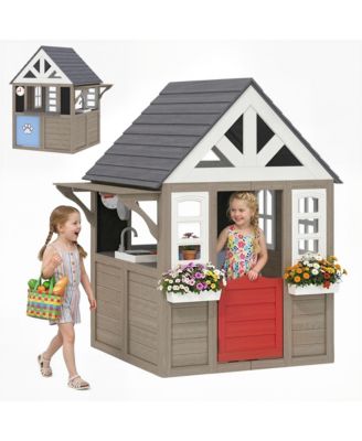 Outdoor Playhouse with Dog Door, Flower Box, Cookware for Backyard