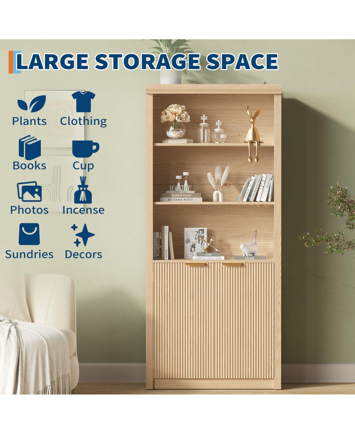 homfan 2 Set of Modern Tall Wooden Bookcase with 5 Adjustable Compartments and Doors, Freestanding Shelf with Ample Storage for Home Office