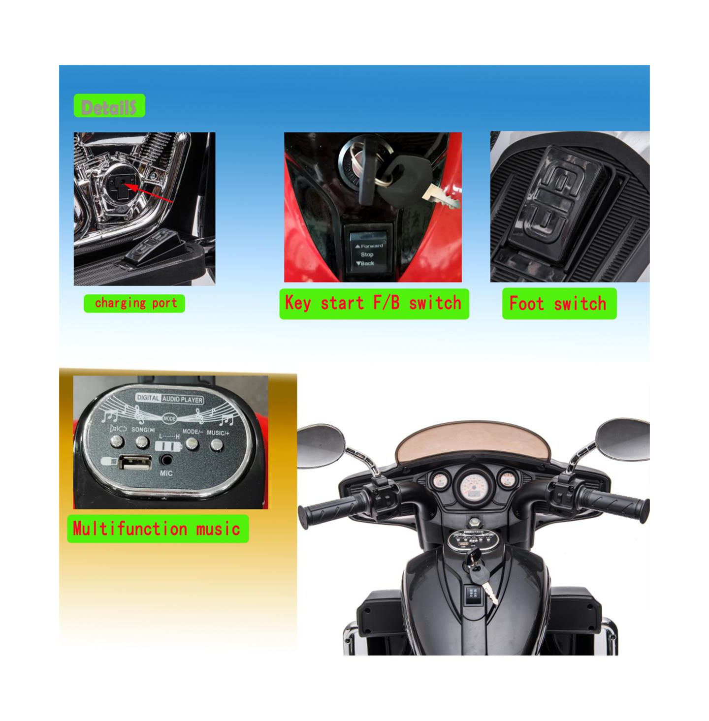 Детская игрушка YOBTOP Kids Ride On Motorcycle 12V with LED Lights, Wireless Music & Storage Trunk, 3–6 лет, цвет: Чёрный — фото 6