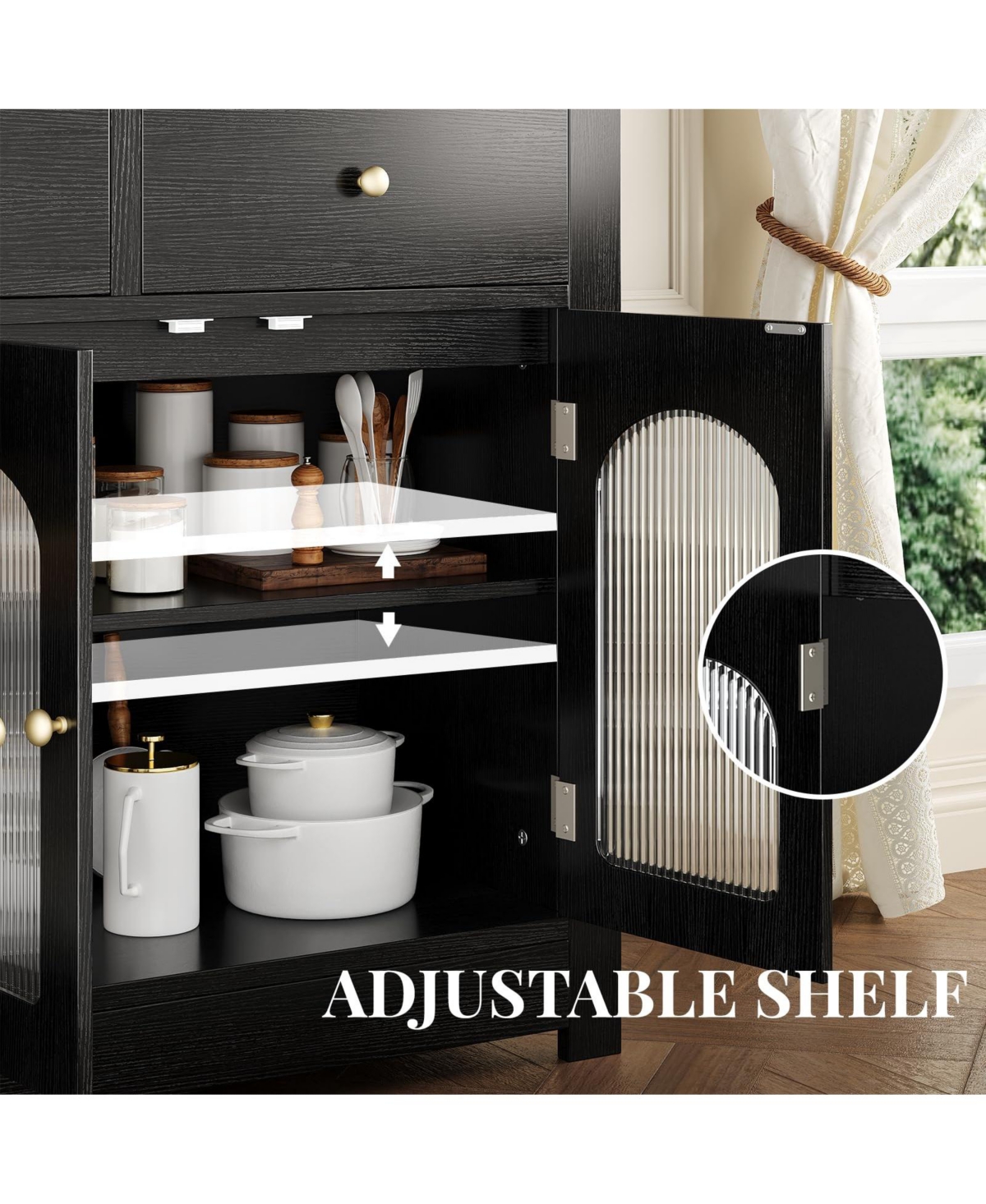 homfan Farmhouse Wooden Buffet Cabinet, Narrow Storage Coffee Bar with 3 Drawers and 4 Doors for Kitchen and Dining Room