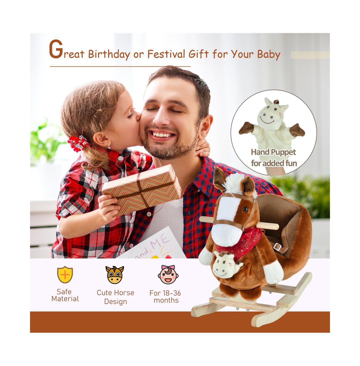 Детская мягкая игрушка YOBTOP Kids Ride-On Rocking Horse - Plush Rocker Toy with Lullaby Song, Hand Puppets, Soft Fabric for Children 18-36 Months — фото 7