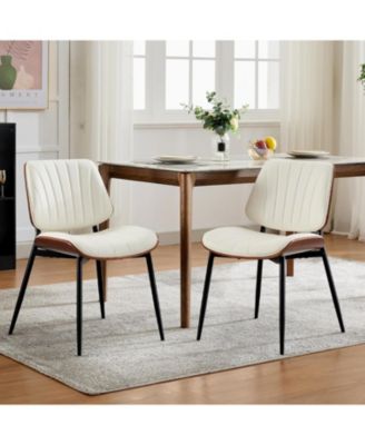 Dining Chairs Set of 2,Mid-Century Modern Upholstered Retro PU Leather Kitchen Chairs with Walnut Bentwood Back and Metal Legs Adjustable