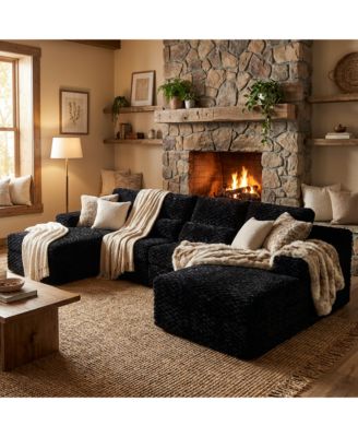 135" 3-Piece U-Shaped Sectional Sofa Set With Pillows, Corduroy Convertible Couch