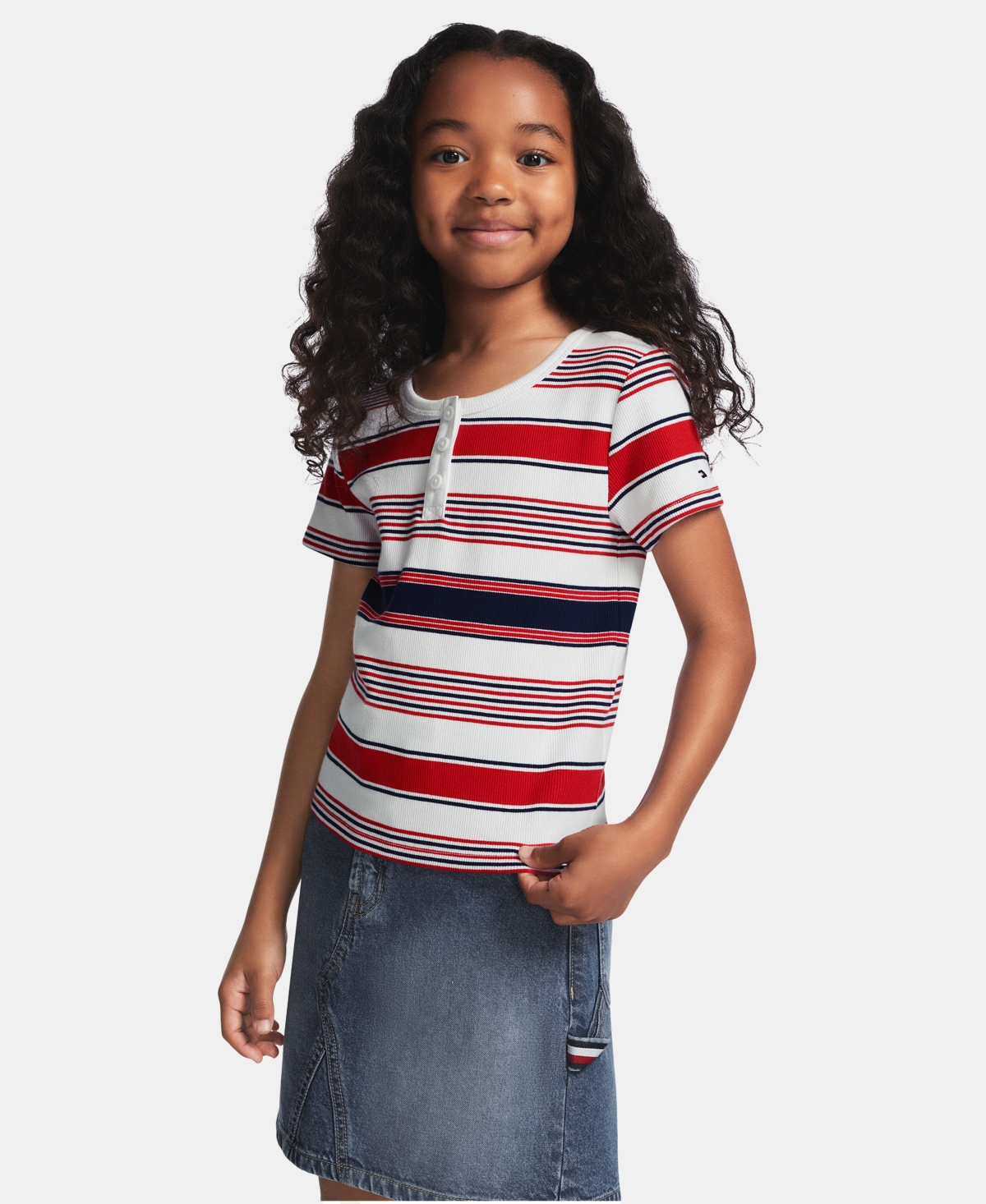 Tommy Hilfiger Girls' 7-16 Striped Ribbed Short-Sleeve Top