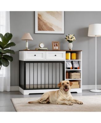 Furniture-Style Dog Crate End Table or TV Stand, Engineered Wood and Reinforced Iron Bar Pet Cage with Storage, Easy Assembly