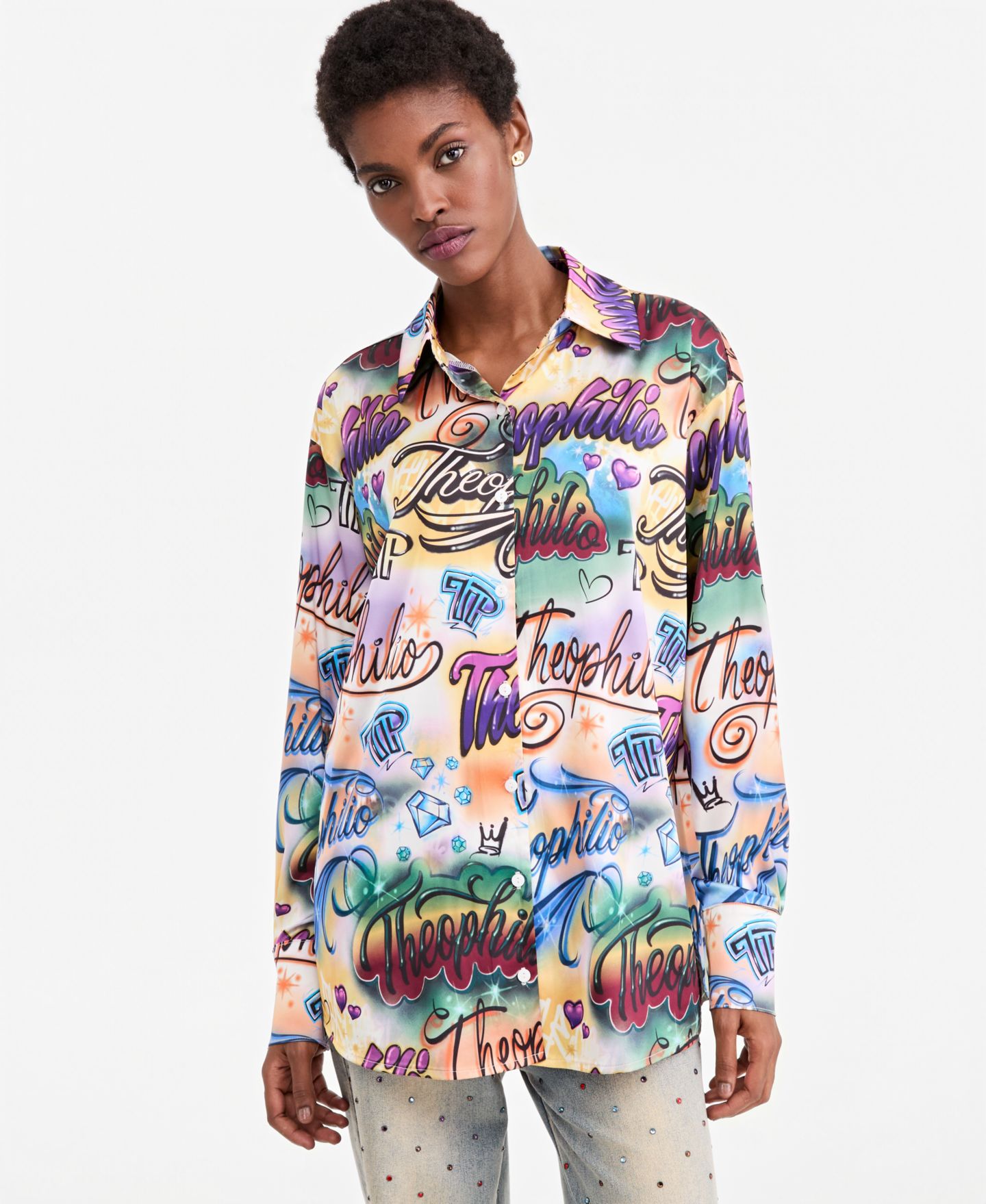 Женская рубашка Theophilio | Macy's Oversized Graffiti Print Button-Up — фото 1