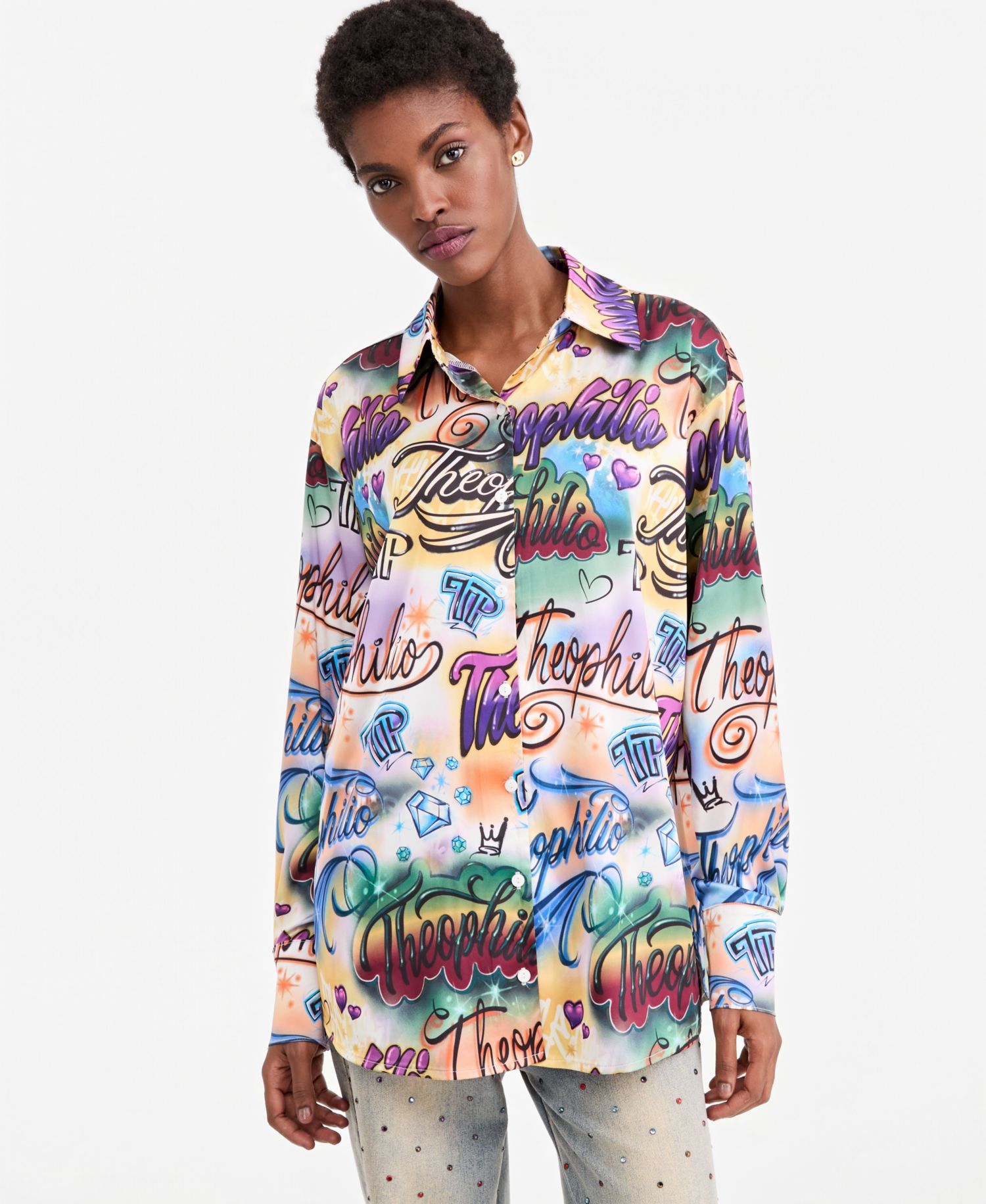 Women's Oversized Graffiti Print Button-Up Shirt