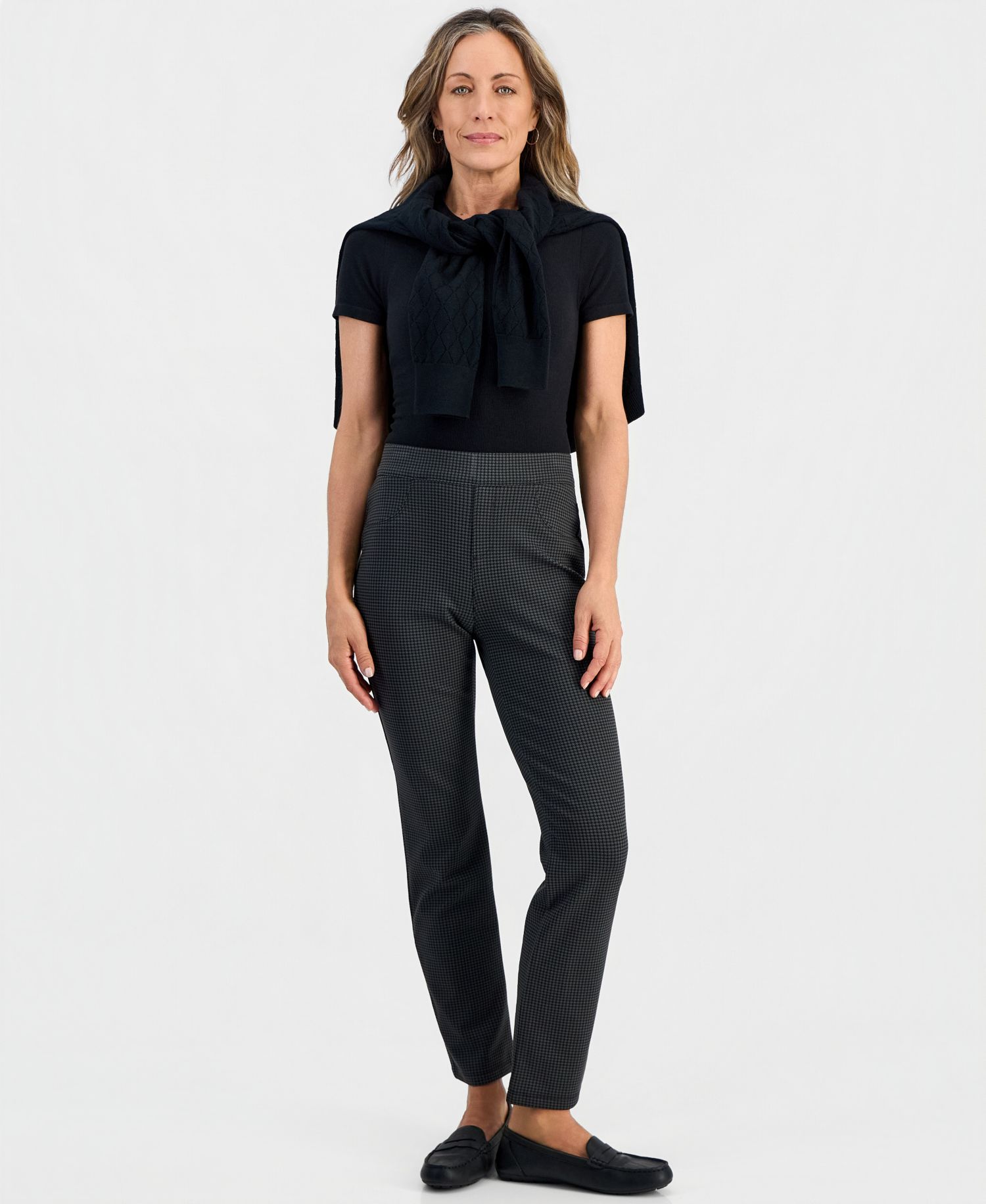 Petite Houndstooth-Print High-Rise Pull-On Pants