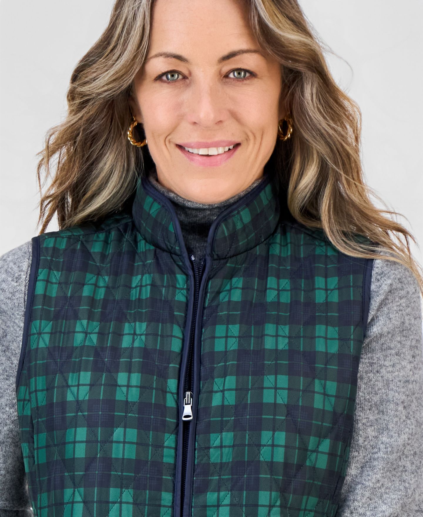 Женский жилет Style & Co Quilted Plaid Puffer Vest, цвет: Зелёный — фото 2