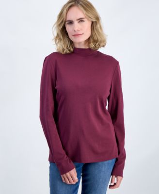 Petite Mock-Neck Cotton Long-Sleeve T-Shirt