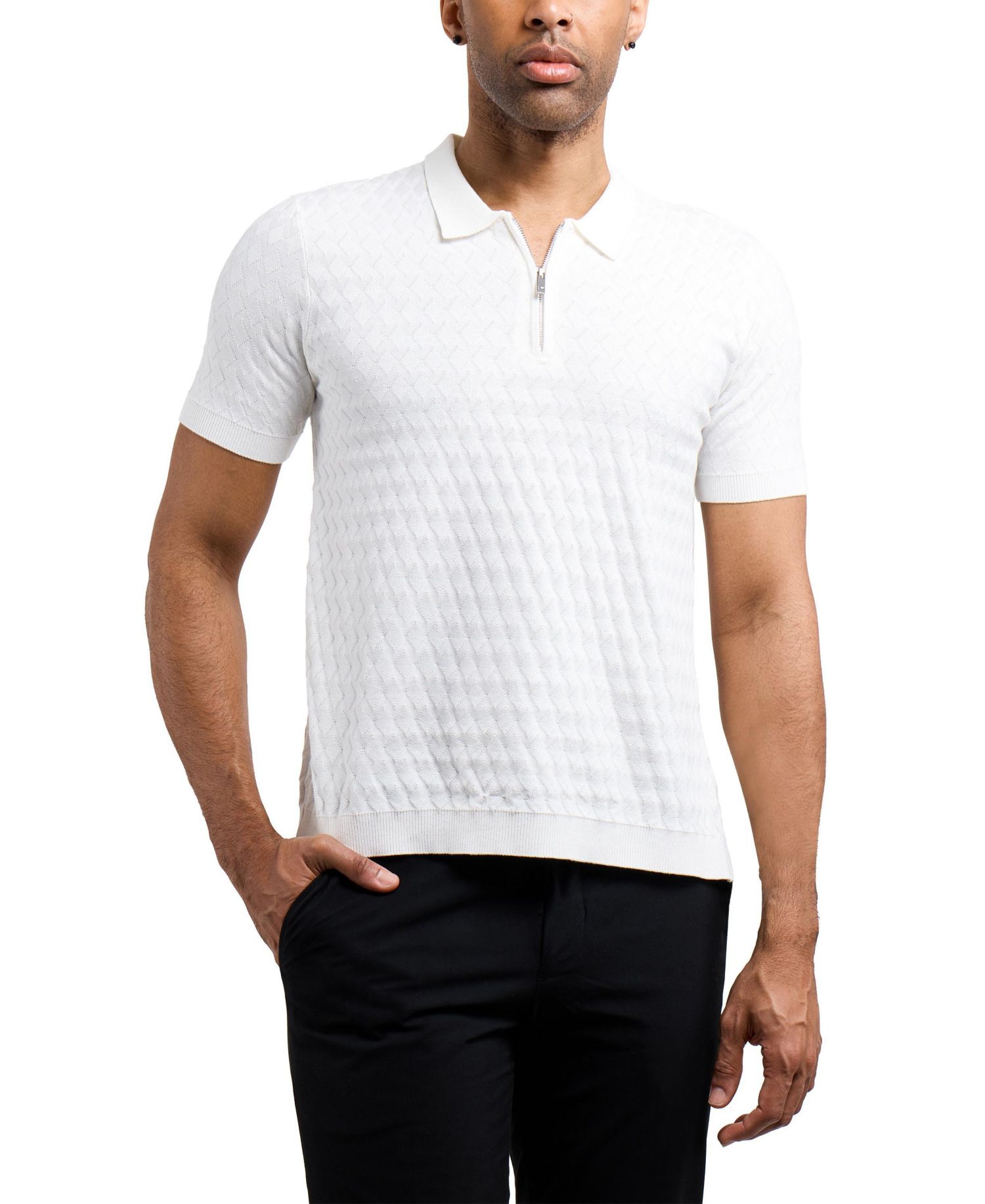 Men's Quarter Zip Allover Argyle Knit Sweater Polo
